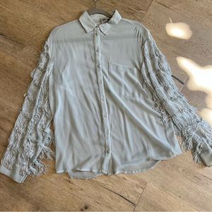 Gray sheer fringe sleeve blouse